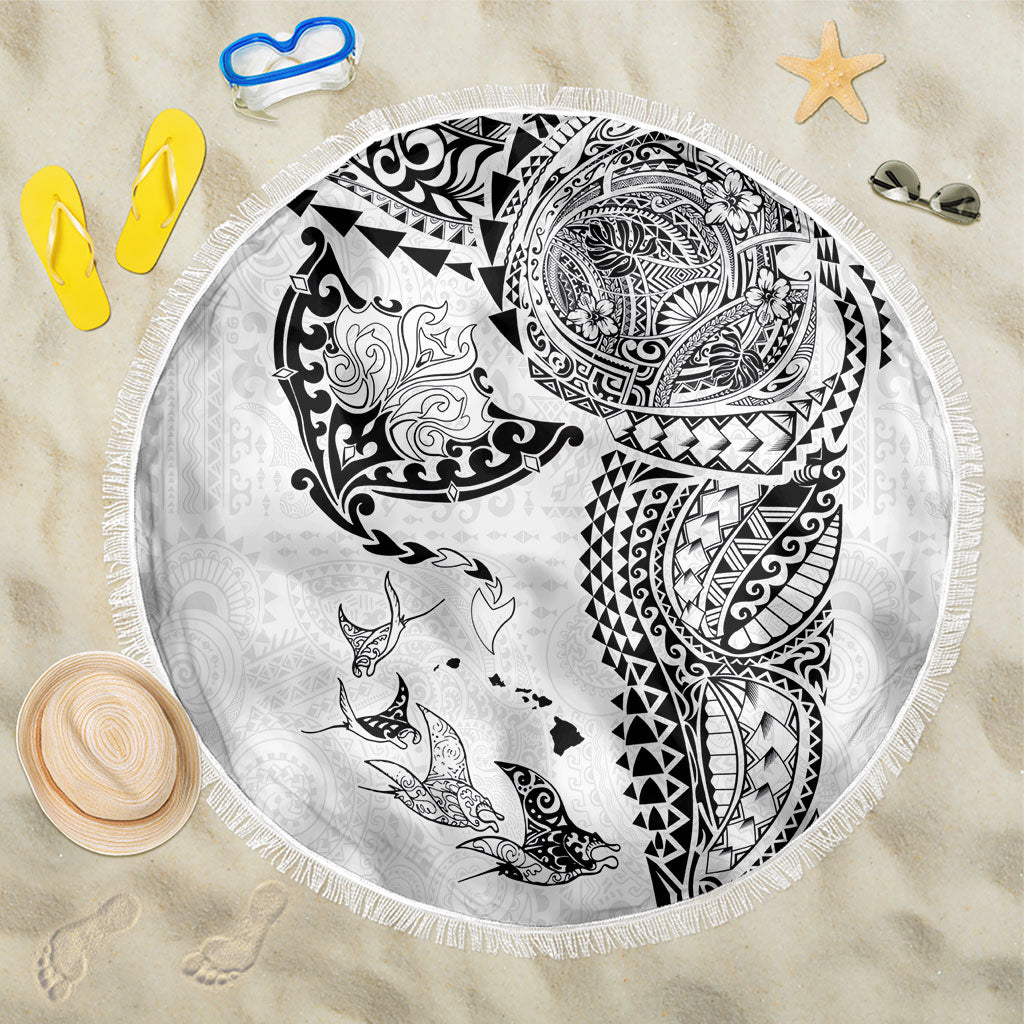 Hawaiian Manta Ray Tribal Beach Blanket Polynesian Art Motifs White Color LT03 One Size 150cm White - Polynesian Pride