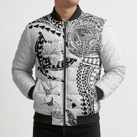 Hawaiian Manta Ray Tribal Bomber Puffer Jacket Polynesian Art Motifs White Color