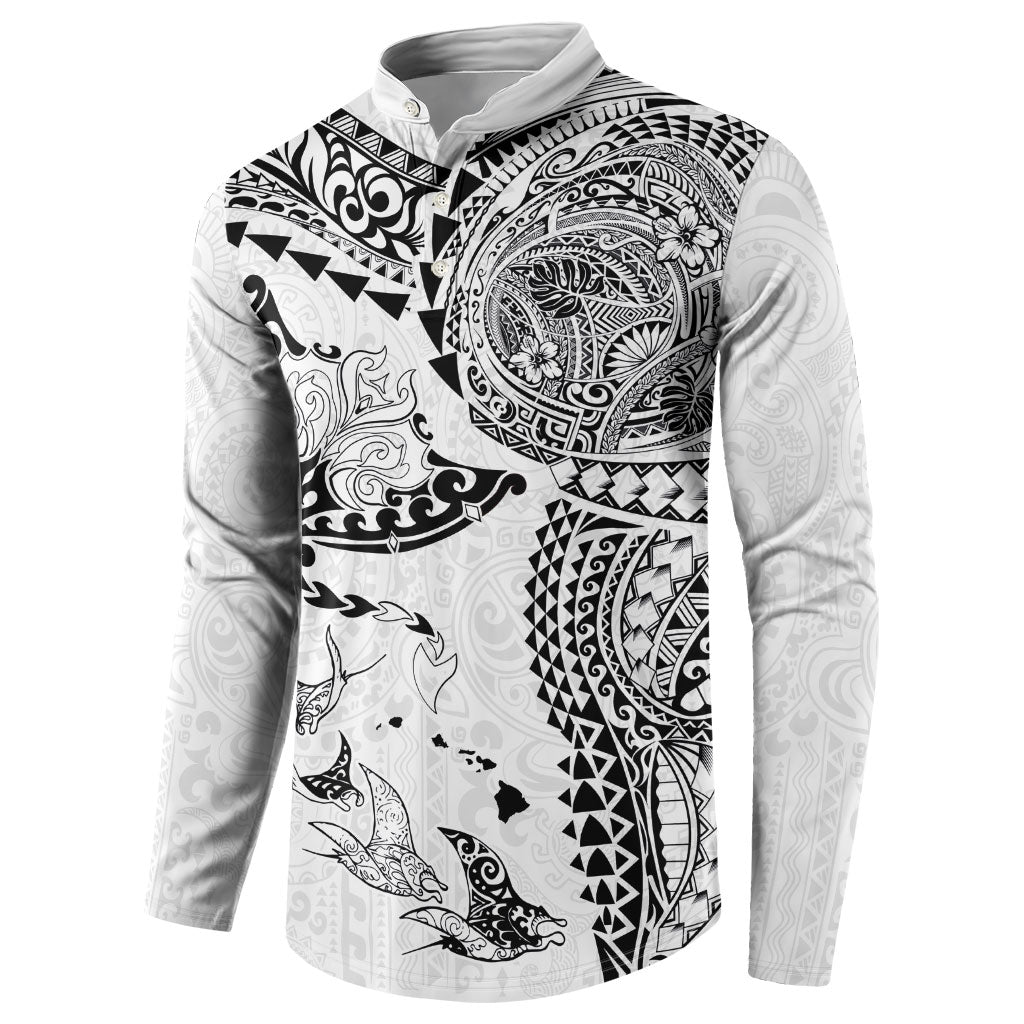 Hawaiian Manta Ray Tribal Button Sweatshirt Polynesian Art Motifs White Color LT03 - Polynesian Pride