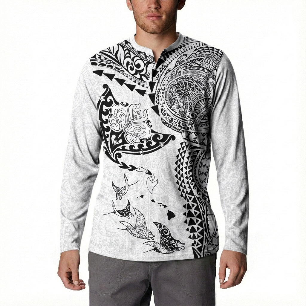 Hawaiian Manta Ray Tribal Button Sweatshirt Polynesian Art Motifs White Color LT03 - Polynesian Pride