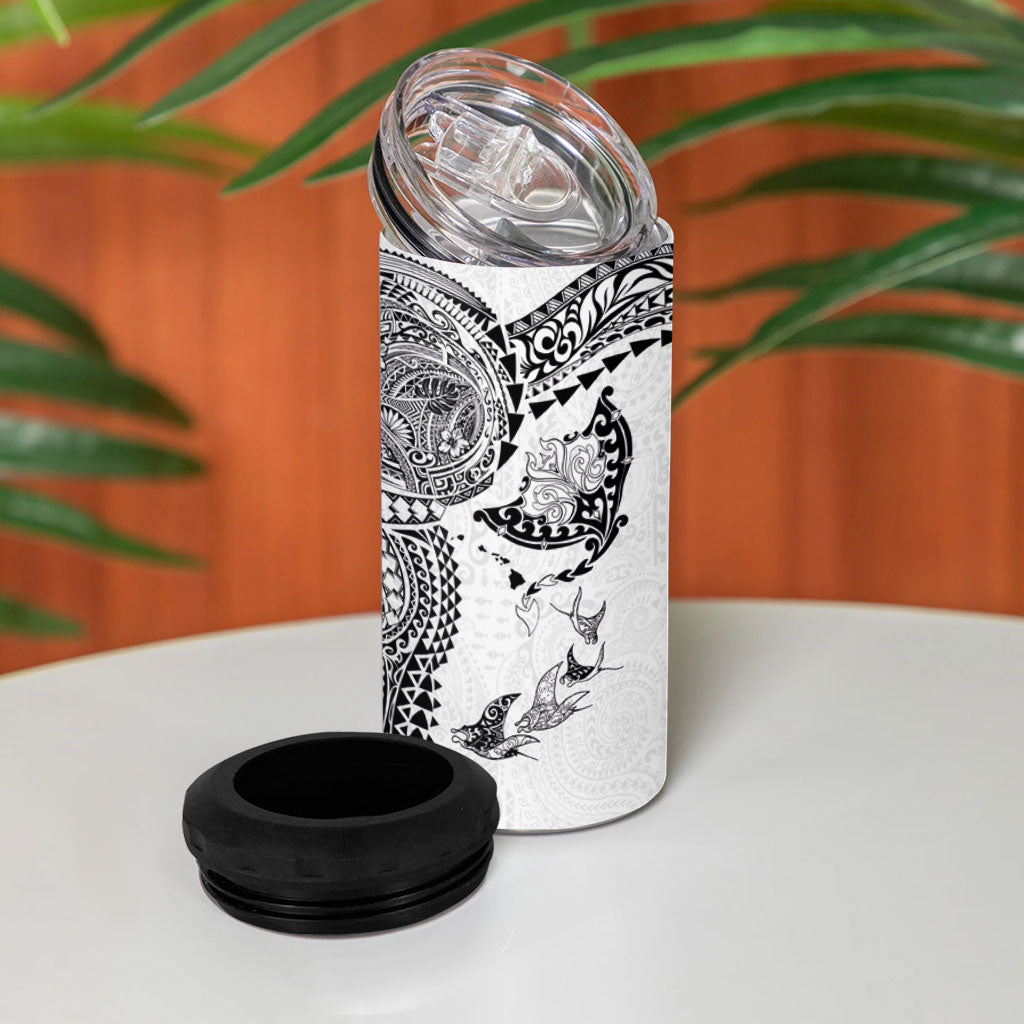 Hawaiian Manta Ray Tribal 4 in 1 Can Cooler Tumbler Polynesian Art Motifs White Color