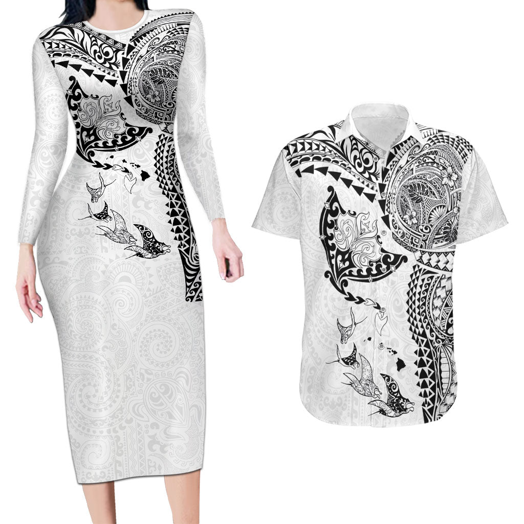 Hawaiian Manta Ray Tribal Couples Matching Long Sleeve Bodycon Dress and Hawaiian Shirt Polynesian Art Motifs White Color