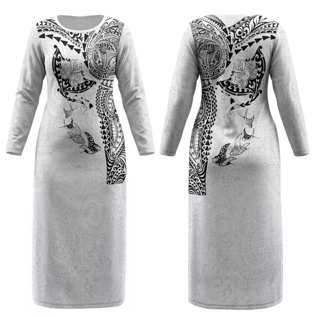 Hawaiian Manta Ray Tribal Couples Matching Long Sleeve Bodycon Dress and Hawaiian Shirt Polynesian Art Motifs White Color LT03 - Polynesian Pride