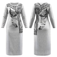 Hawaiian Manta Ray Tribal Couples Matching Long Sleeve Bodycon Dress and Hawaiian Shirt Polynesian Art Motifs White Color LT03 - Polynesian Pride
