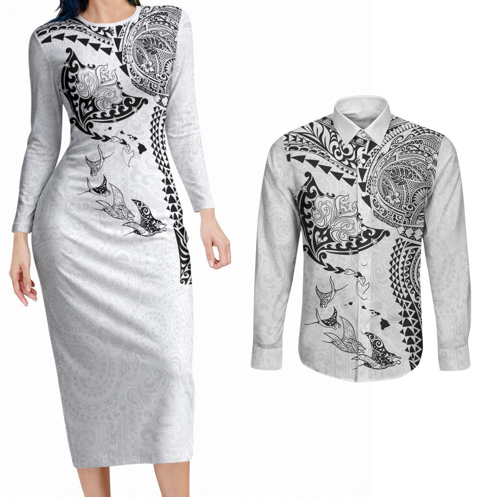 Hawaiian Manta Ray Tribal Couples Matching Long Sleeve Bodycon Dress and Long Sleeve Button Shirt Polynesian Art Motifs White Color LT03 White - Polynesian Pride