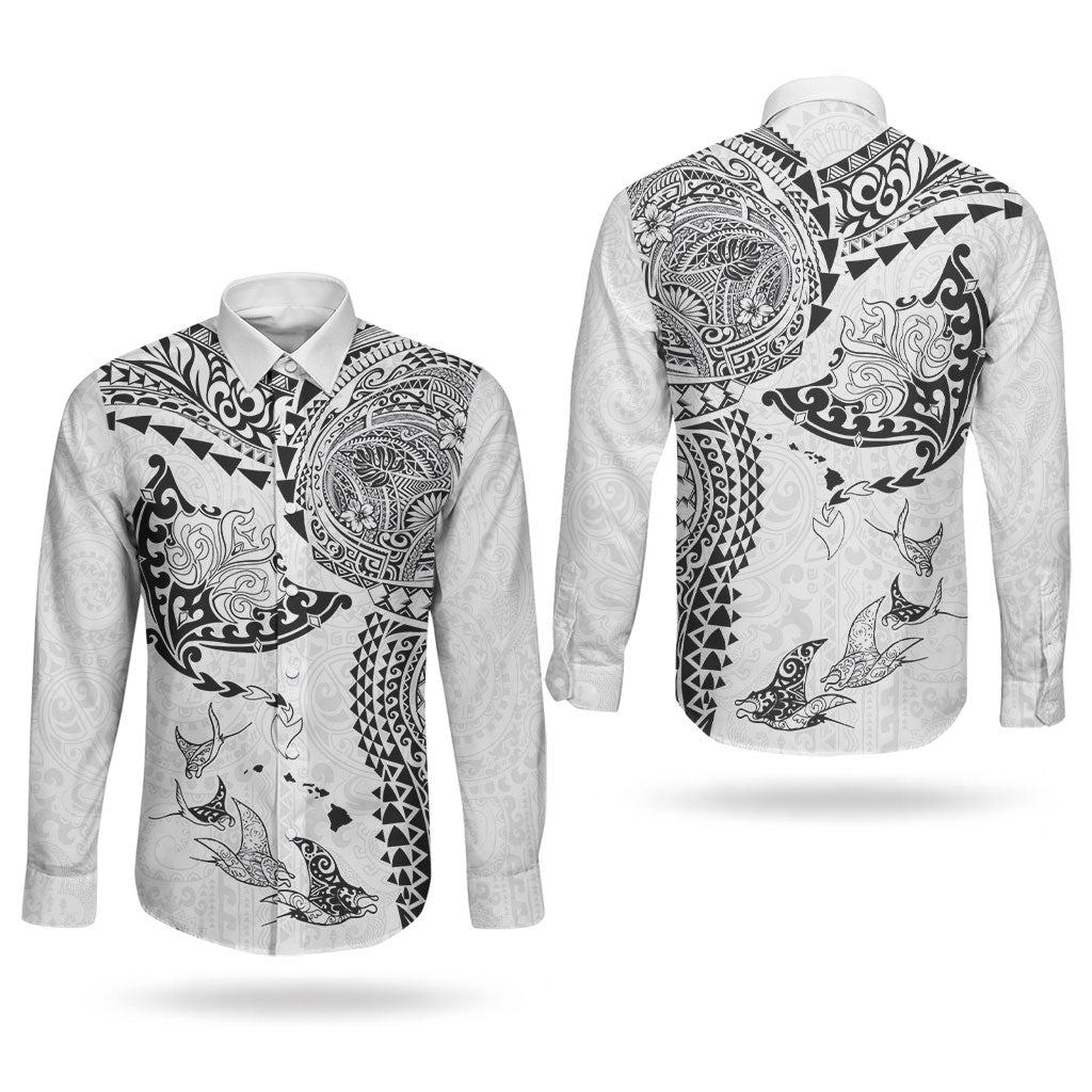 Hawaiian Manta Ray Tribal Couples Matching Long Sleeve Bodycon Dress and Long Sleeve Button Shirt Polynesian Art Motifs White Color LT03 - Polynesian Pride