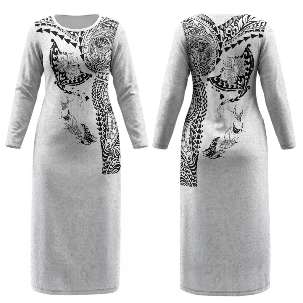 Hawaiian Manta Ray Tribal Couples Matching Long Sleeve Bodycon Dress and Long Sleeve Button Shirt Polynesian Art Motifs White Color LT03