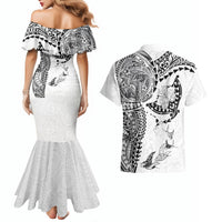 Hawaiian Manta Ray Tribal Couples Matching Mermaid Dress and Hawaiian Shirt Polynesian Art Motifs White Color