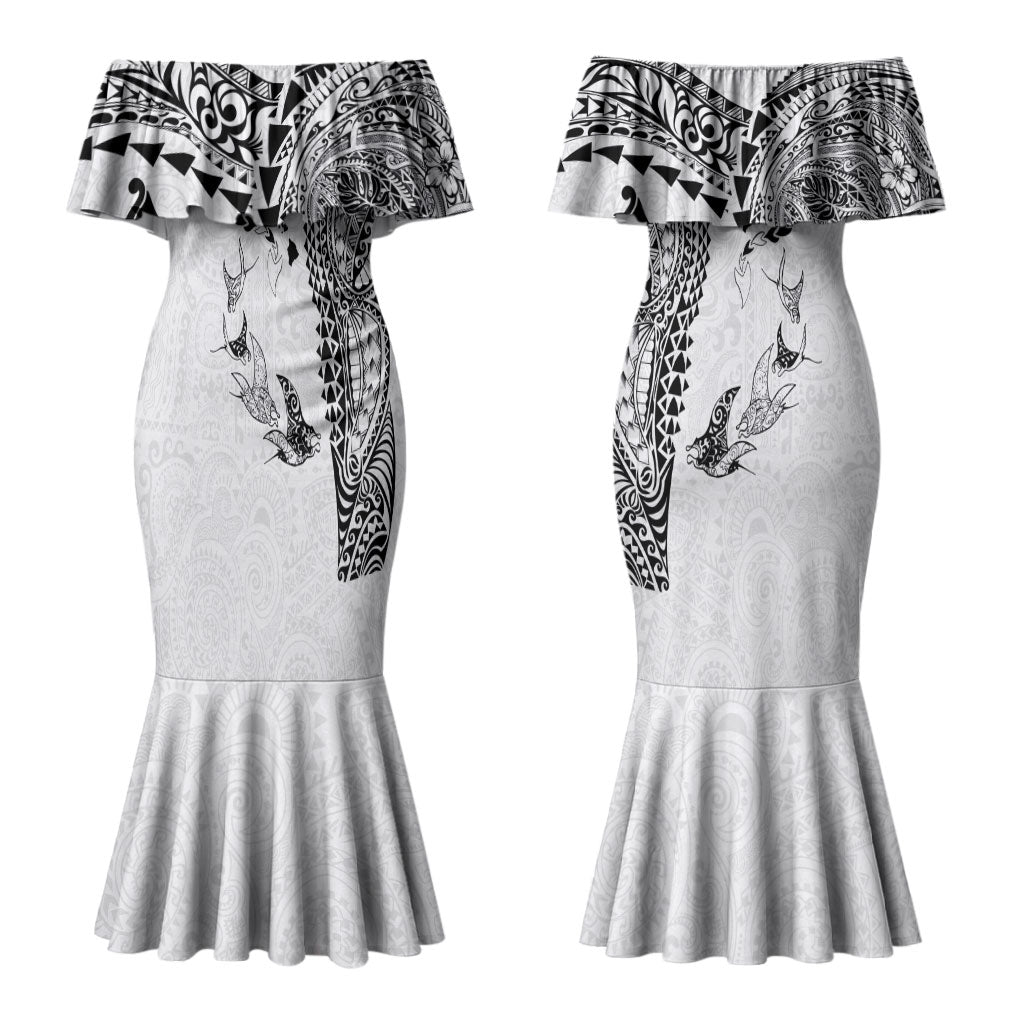 Hawaiian Manta Ray Tribal Couples Matching Mermaid Dress and Long Sleeve Button Shirt Polynesian Art Motifs White Color LT03