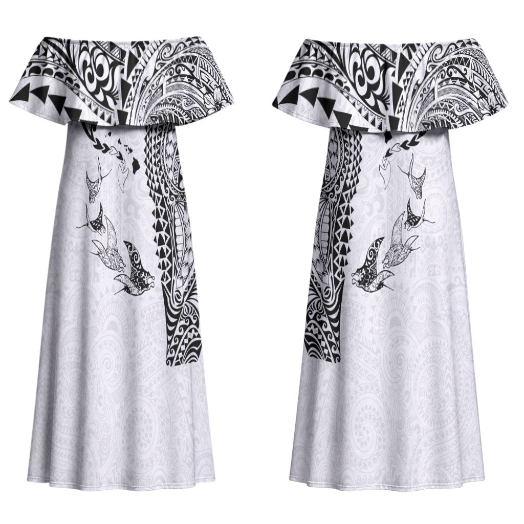 Hawaiian Manta Ray Tribal Couples Matching Off Shoulder Maxi Dress and Long Sleeve Button Shirt Polynesian Art Motifs White Color LT03