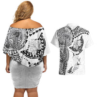 Hawaiian Manta Ray Tribal Couples Matching Off Shoulder Short Dress and Hawaiian Shirt Polynesian Art Motifs White Color