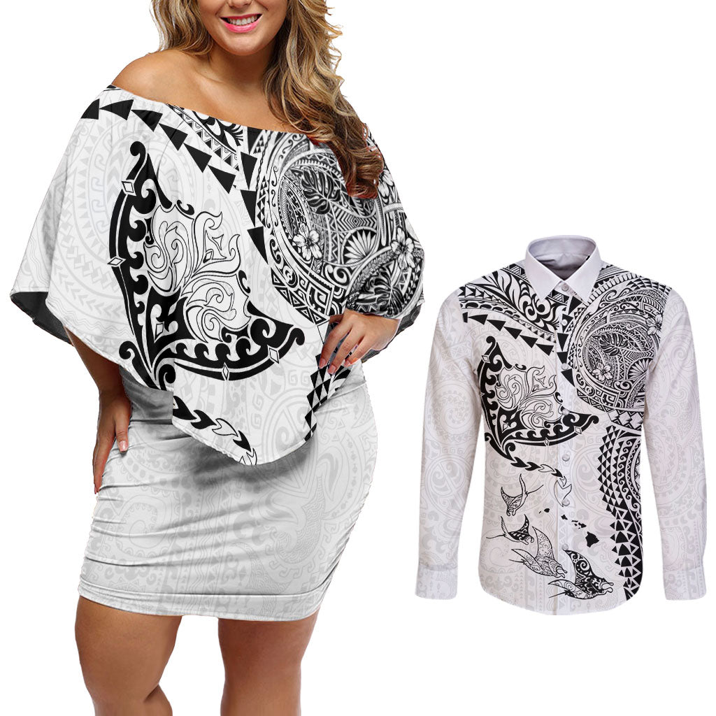 Hawaiian Manta Ray Tribal Couples Matching Off Shoulder Short Dress and Long Sleeve Button Shirt Polynesian Art Motifs White Color LT03 White - Polynesian Pride