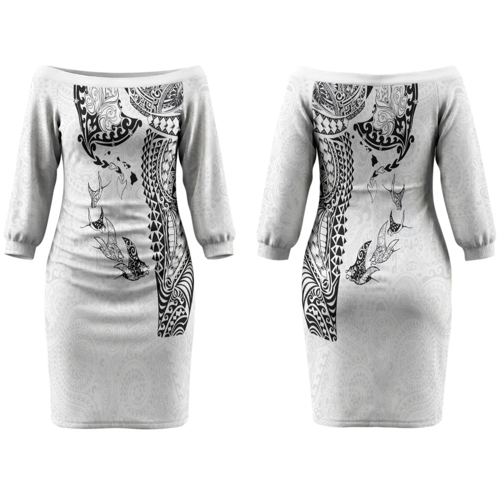 Hawaiian Manta Ray Tribal Couples Matching Off The Shoulder Long Sleeve Dress and Hawaiian Shirt Polynesian Art Motifs White Color LT03 - Polynesian Pride