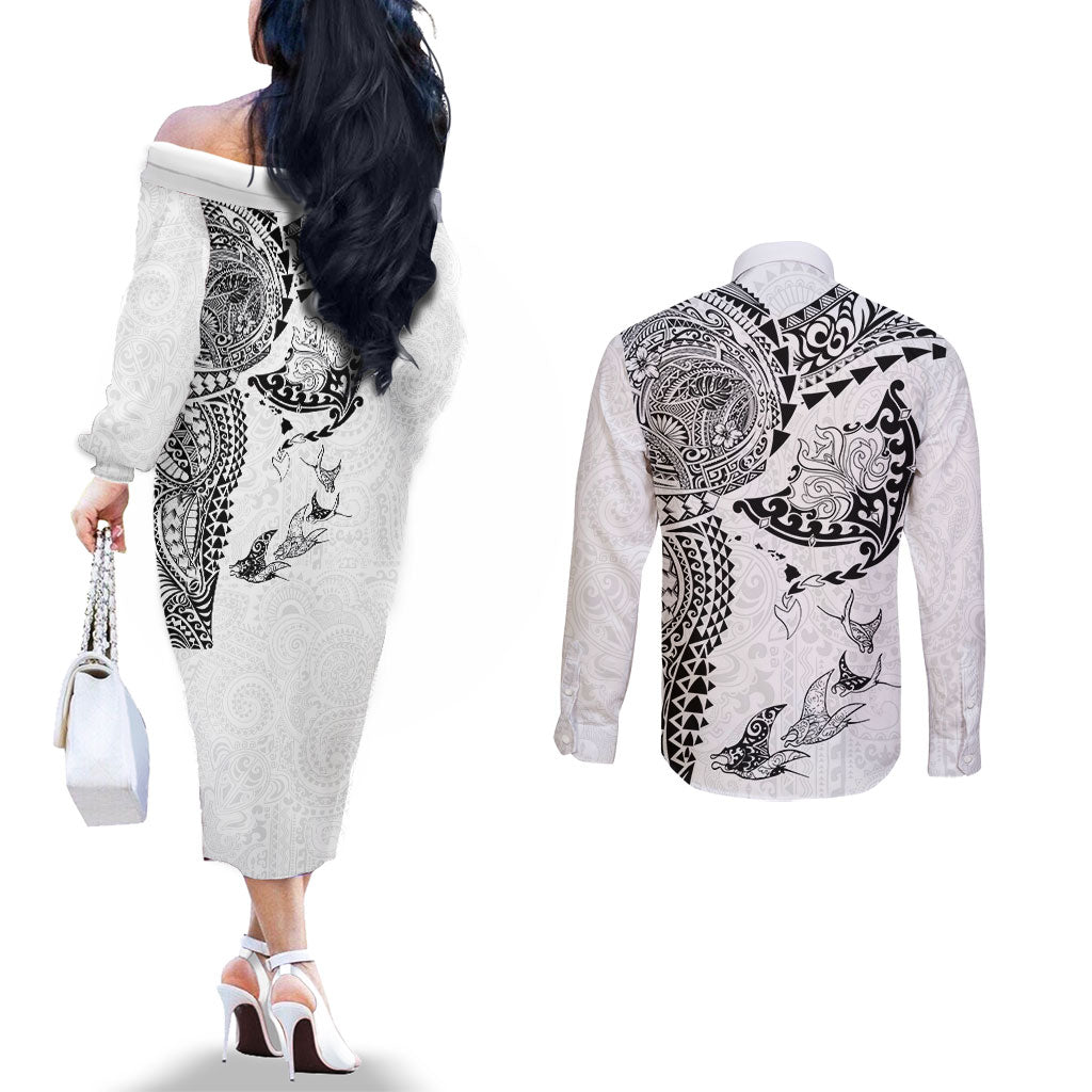 Hawaiian Manta Ray Tribal Couples Matching Off The Shoulder Long Sleeve Dress and Long Sleeve Button Shirt Polynesian Art Motifs White Color