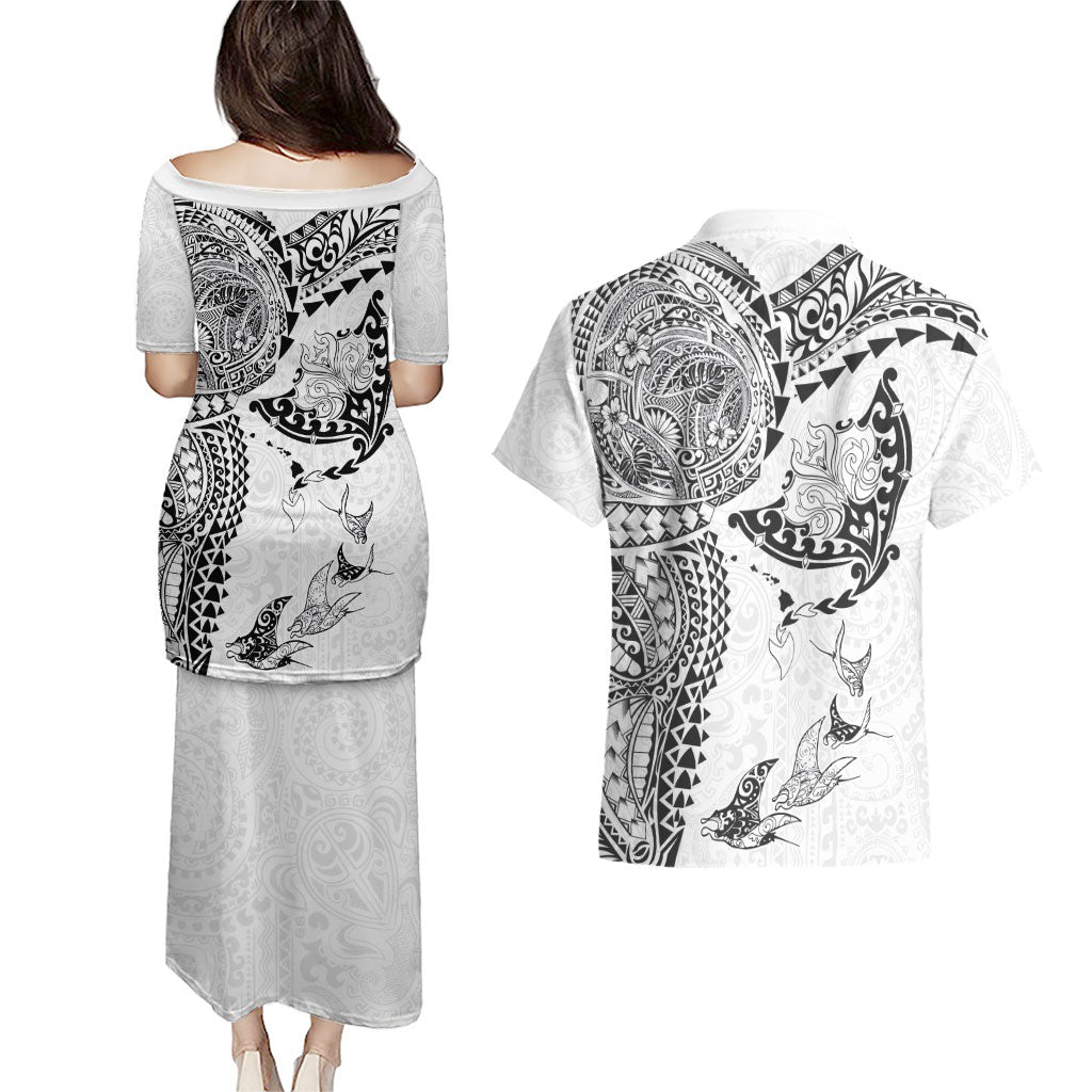 Hawaiian Manta Ray Tribal Couples Matching Puletasi and Hawaiian Shirt Polynesian Art Motifs White Color