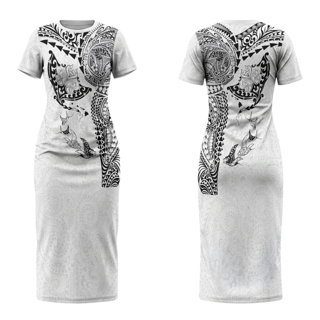 Hawaiian Manta Ray Tribal Couples Matching Short Sleeve Bodycon Dress and Hawaiian Shirt Polynesian Art Motifs White Color LT03 - Polynesian Pride
