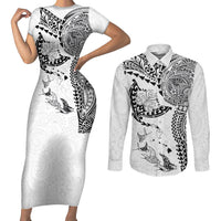 Hawaiian Manta Ray Tribal Couples Matching Short Sleeve Bodycon Dress and Long Sleeve Button Shirt Polynesian Art Motifs White Color