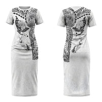 Hawaiian Manta Ray Tribal Couples Matching Short Sleeve Bodycon Dress and Long Sleeve Button Shirt Polynesian Art Motifs White Color LT03 - Polynesian Pride