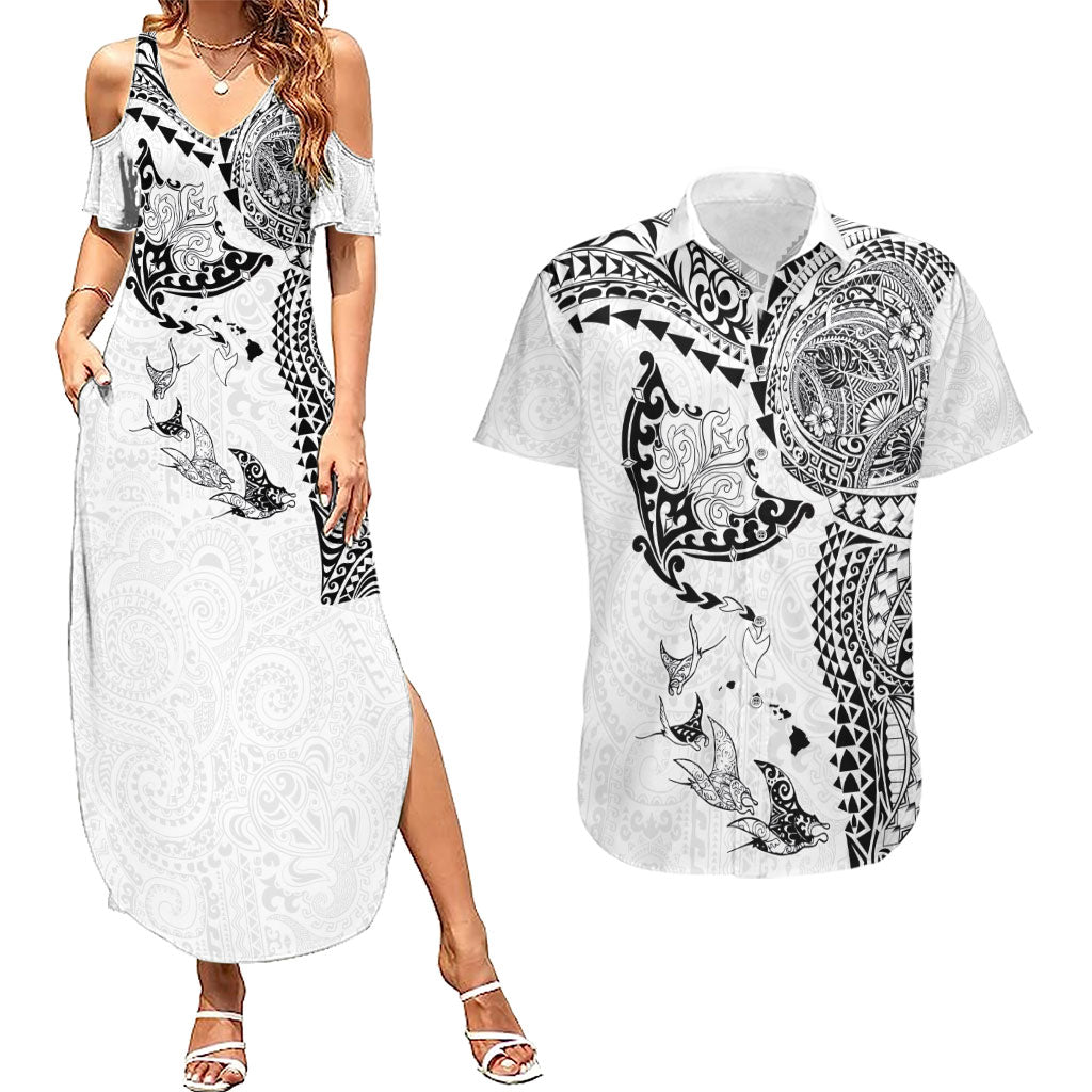 Hawaiian Manta Ray Tribal Couples Matching Summer Maxi Dress and Hawaiian Shirt Polynesian Art Motifs White Color