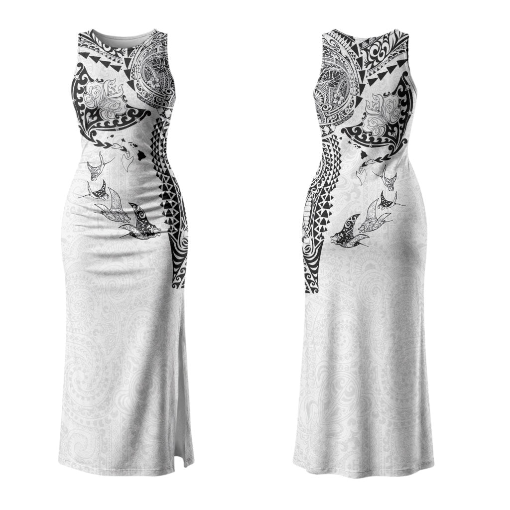 Hawaiian Manta Ray Tribal Couples Matching Tank Maxi Dress and Hawaiian Shirt Polynesian Art Motifs White Color LT03 - Polynesian Pride