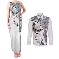 Hawaiian Manta Ray Tribal Couples Matching Tank Maxi Dress and Long Sleeve Button Shirt Polynesian Art Motifs White Color