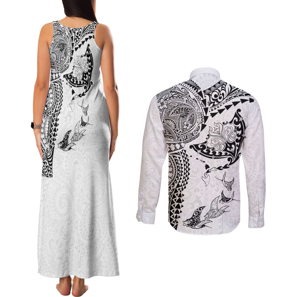 Hawaiian Manta Ray Tribal Couples Matching Tank Maxi Dress and Long Sleeve Button Shirt Polynesian Art Motifs White Color