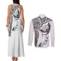 Hawaiian Manta Ray Tribal Couples Matching Tank Maxi Dress and Long Sleeve Button Shirt Polynesian Art Motifs White Color