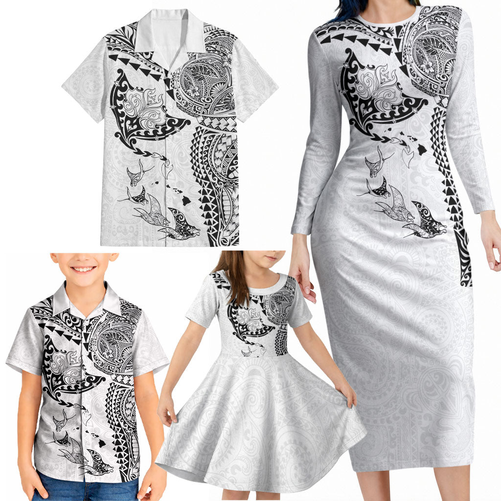 Hawaiian Manta Ray Tribal Family Matching Long Sleeve Bodycon Dress and Hawaiian Shirt Polynesian Art Motifs White Color LT03 - Polynesian Pride