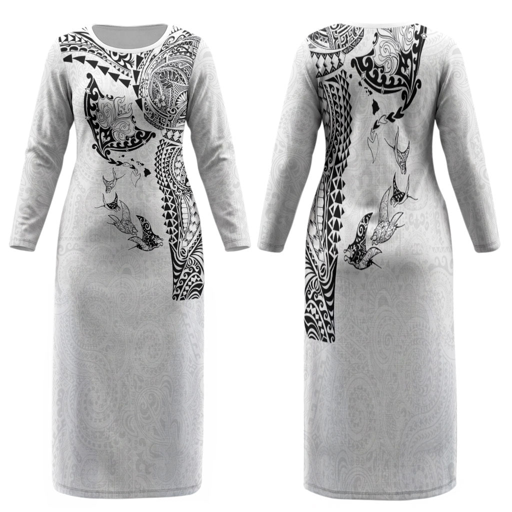 Hawaiian Manta Ray Tribal Family Matching Long Sleeve Bodycon Dress and Hawaiian Shirt Polynesian Art Motifs White Color LT03 Mom's Dress White - Polynesian Pride