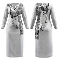 Hawaiian Manta Ray Tribal Family Matching Long Sleeve Bodycon Dress and Hawaiian Shirt Polynesian Art Motifs White Color LT03 Mom's Dress White - Polynesian Pride