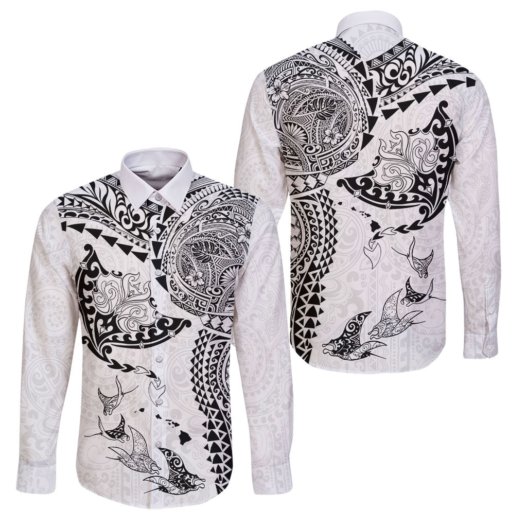 Hawaiian Manta Ray Tribal Family Matching Long Sleeve Bodycon Dress and Hawaiian Shirt Polynesian Art Motifs White Color LT03 Dad's Shirt - Long Sleeve White - Polynesian Pride