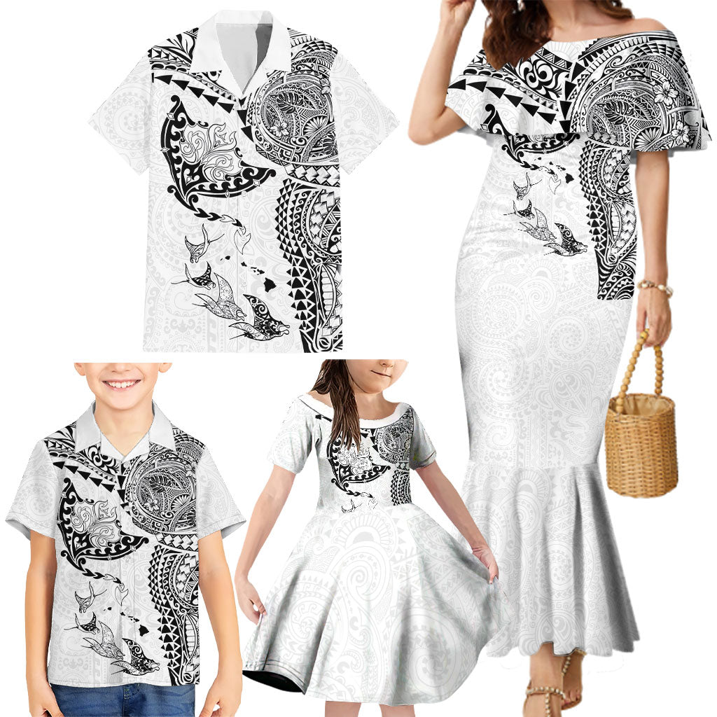 Hawaiian Manta Ray Tribal Family Matching Mermaid Dress and Hawaiian Shirt Polynesian Art Motifs White Color LT03 - Polynesian Pride