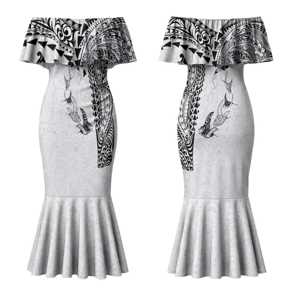 Hawaiian Manta Ray Tribal Family Matching Mermaid Dress and Hawaiian Shirt Polynesian Art Motifs White Color LT03 Mom's Dress White - Polynesian Pride
