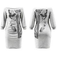 Hawaiian Manta Ray Tribal Family Matching Off The Shoulder Long Sleeve Dress and Hawaiian Shirt Polynesian Art Motifs White Color LT03 Mom's Dress White - Polynesian Pride