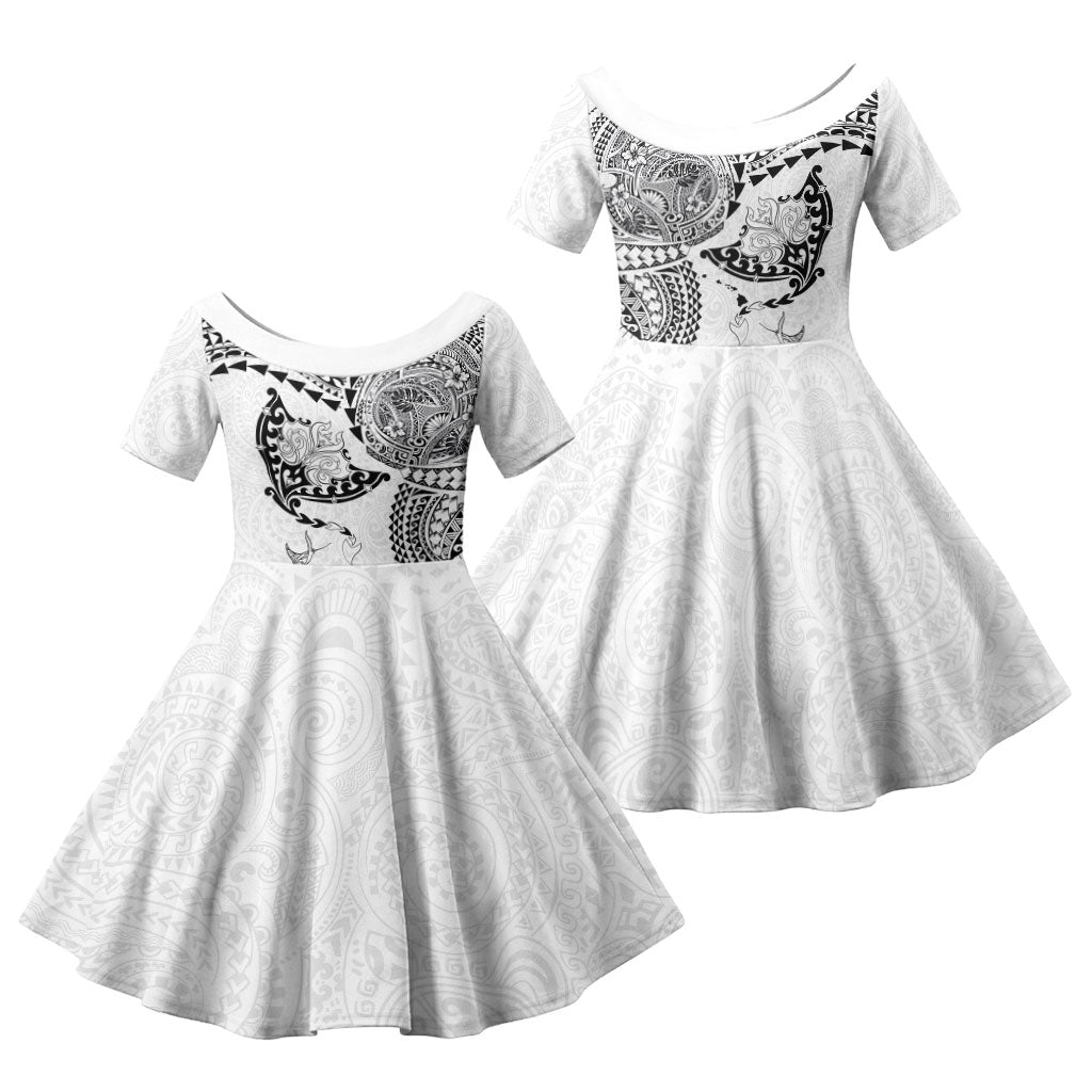 Hawaiian Manta Ray Tribal Family Matching Off The Shoulder Long Sleeve Dress and Hawaiian Shirt Polynesian Art Motifs White Color LT03 Daughter's Dress White - Polynesian Pride