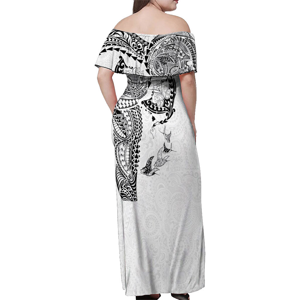 Hawaiian Manta Ray Tribal Family Matching Off Shoulder Maxi Dress and Hawaiian Shirt Polynesian Art Motifs White Color