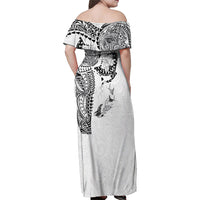 Hawaiian Manta Ray Tribal Family Matching Off Shoulder Maxi Dress and Hawaiian Shirt Polynesian Art Motifs White Color