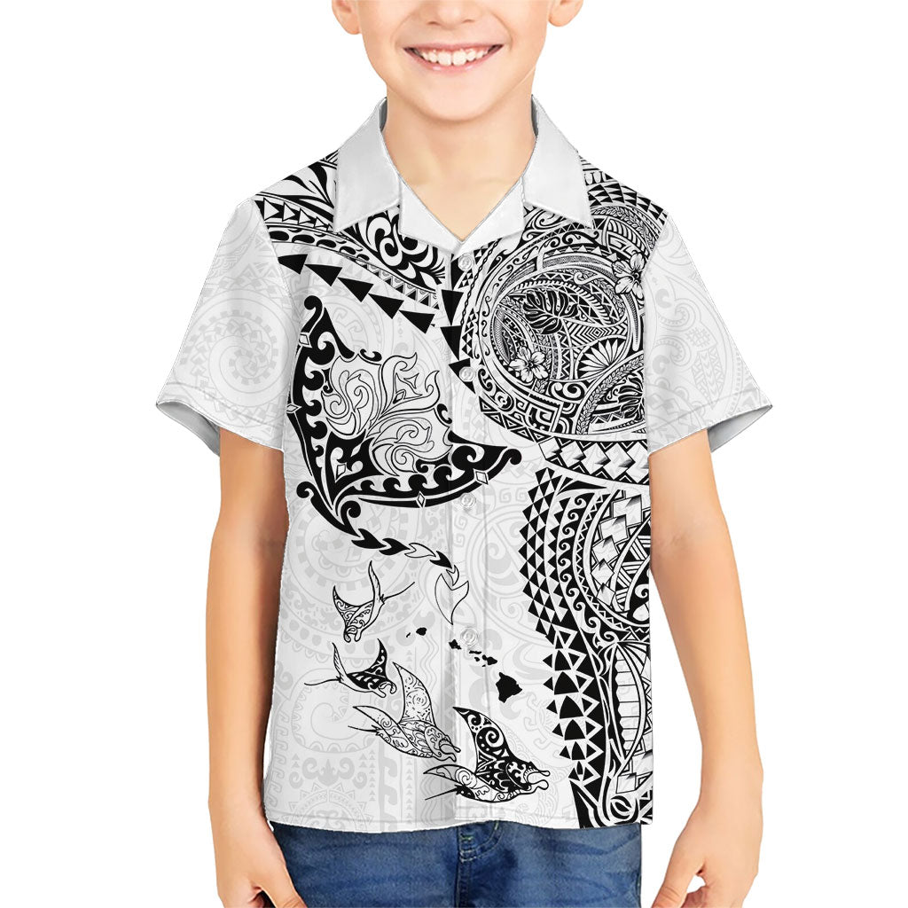Hawaiian Manta Ray Tribal Family Matching Off Shoulder Short Dress and Hawaiian Shirt Polynesian Art Motifs White Color