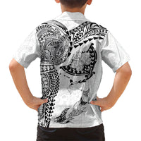 Hawaiian Manta Ray Tribal Family Matching Puletasi and Hawaiian Shirt Polynesian Art Motifs White Color