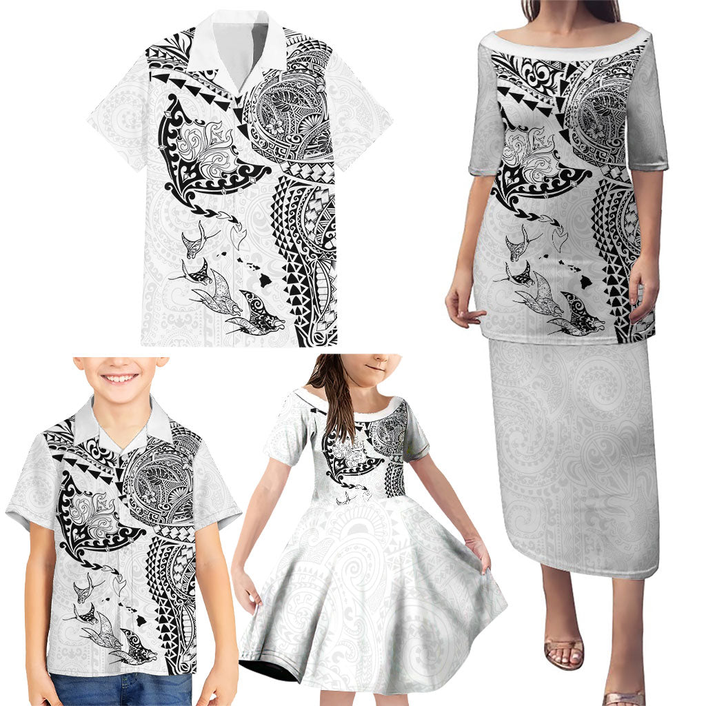 Hawaiian Manta Ray Tribal Family Matching Puletasi and Hawaiian Shirt Polynesian Art Motifs White Color LT03 - Polynesian Pride