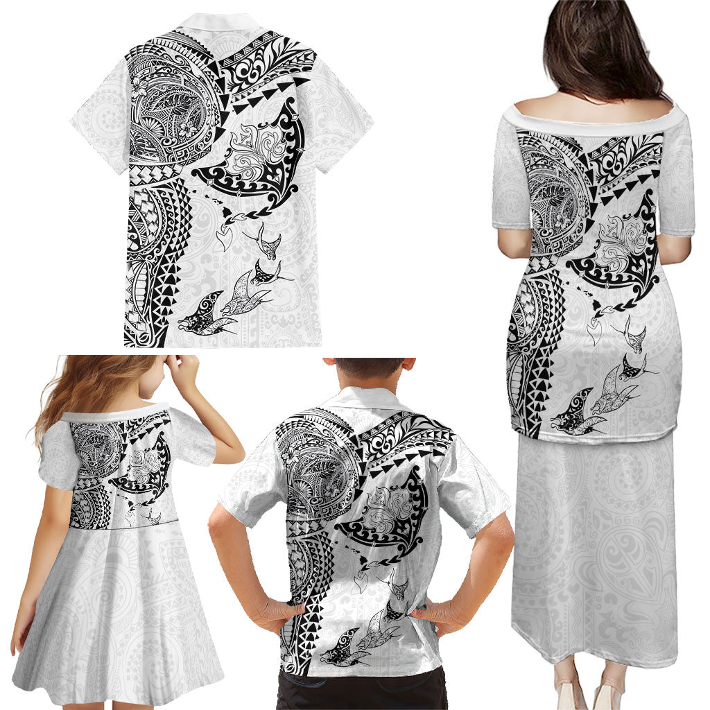 Hawaiian Manta Ray Tribal Family Matching Puletasi and Hawaiian Shirt Polynesian Art Motifs White Color