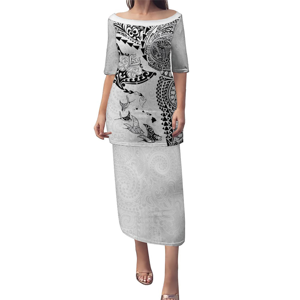 Hawaiian Manta Ray Tribal Family Matching Puletasi and Hawaiian Shirt Polynesian Art Motifs White Color