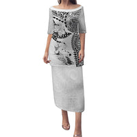 Hawaiian Manta Ray Tribal Family Matching Puletasi and Hawaiian Shirt Polynesian Art Motifs White Color