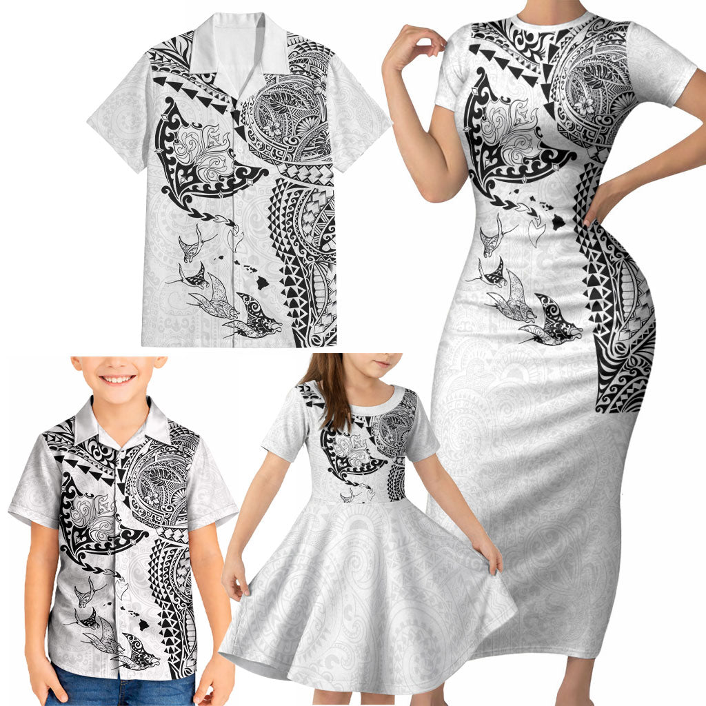 Hawaiian Manta Ray Tribal Family Matching Short Sleeve Bodycon Dress and Hawaiian Shirt Polynesian Art Motifs White Color LT03 - Polynesian Pride