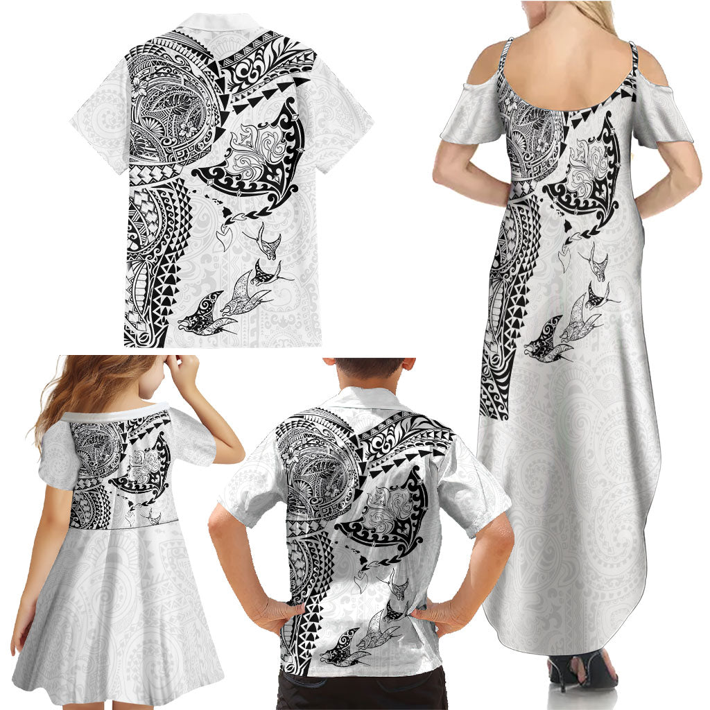 Hawaiian Manta Ray Tribal Family Matching Summer Maxi Dress and Hawaiian Shirt Polynesian Art Motifs White Color