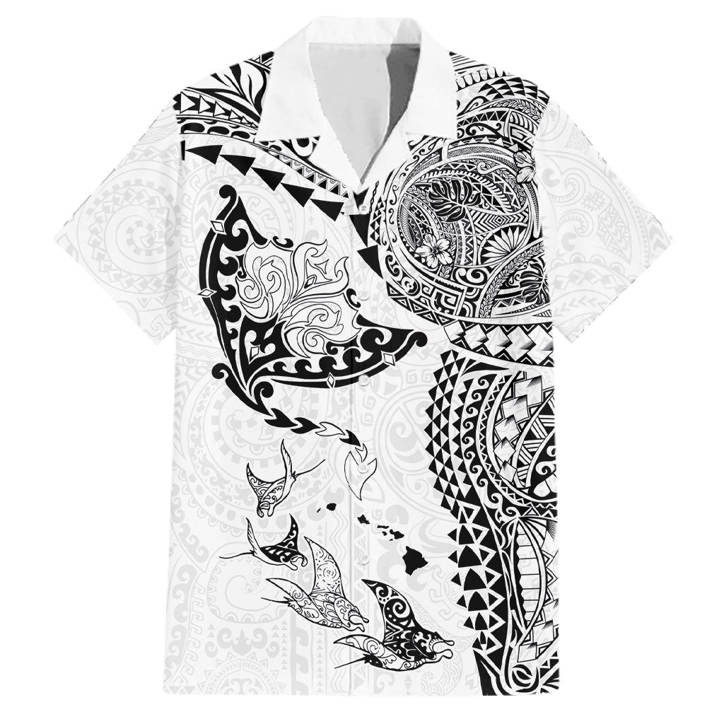 Hawaiian Manta Ray Tribal Family Matching Summer Maxi Dress and Hawaiian Shirt Polynesian Art Motifs White Color