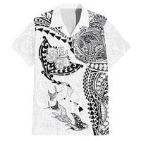 Hawaiian Manta Ray Tribal Family Matching Summer Maxi Dress and Hawaiian Shirt Polynesian Art Motifs White Color