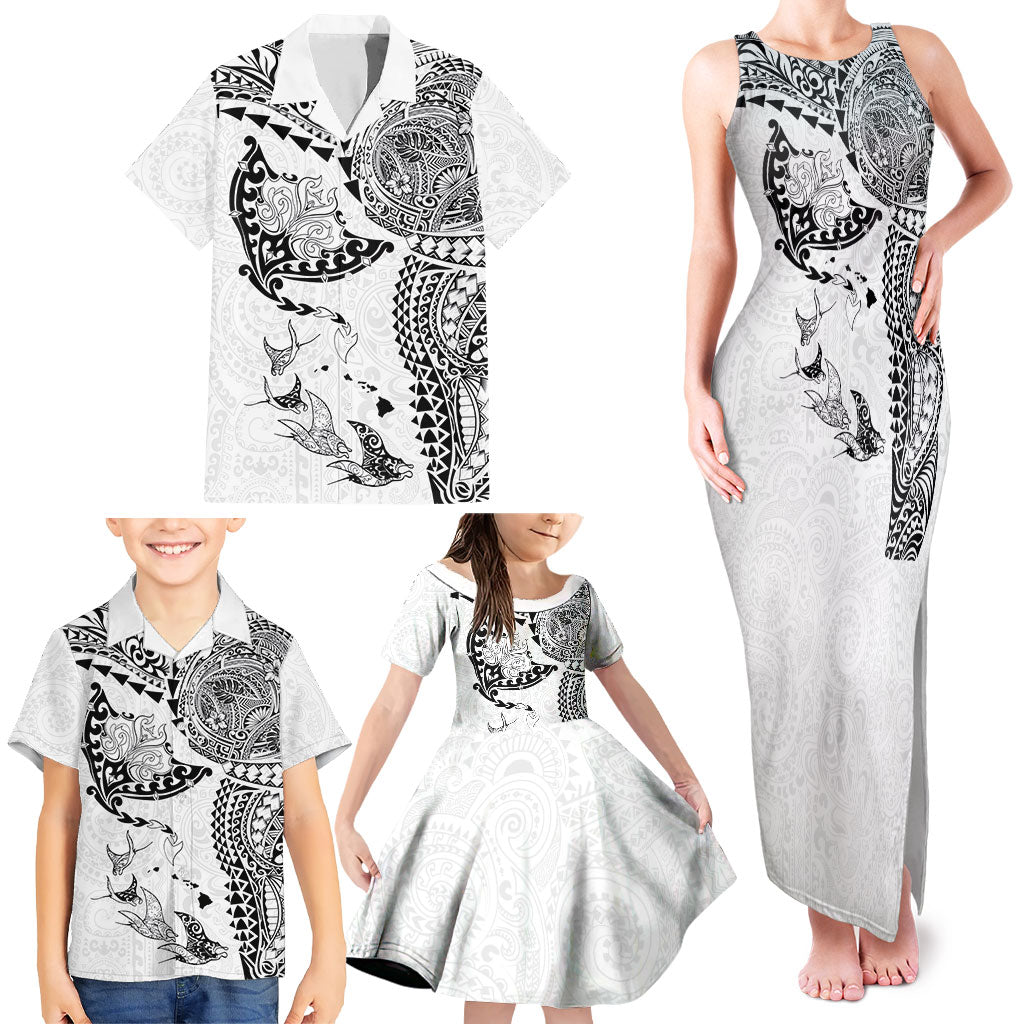 Hawaiian Manta Ray Tribal Family Matching Tank Maxi Dress and Hawaiian Shirt Polynesian Art Motifs White Color