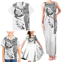 Hawaiian Manta Ray Tribal Family Matching Tank Maxi Dress and Hawaiian Shirt Polynesian Art Motifs White Color