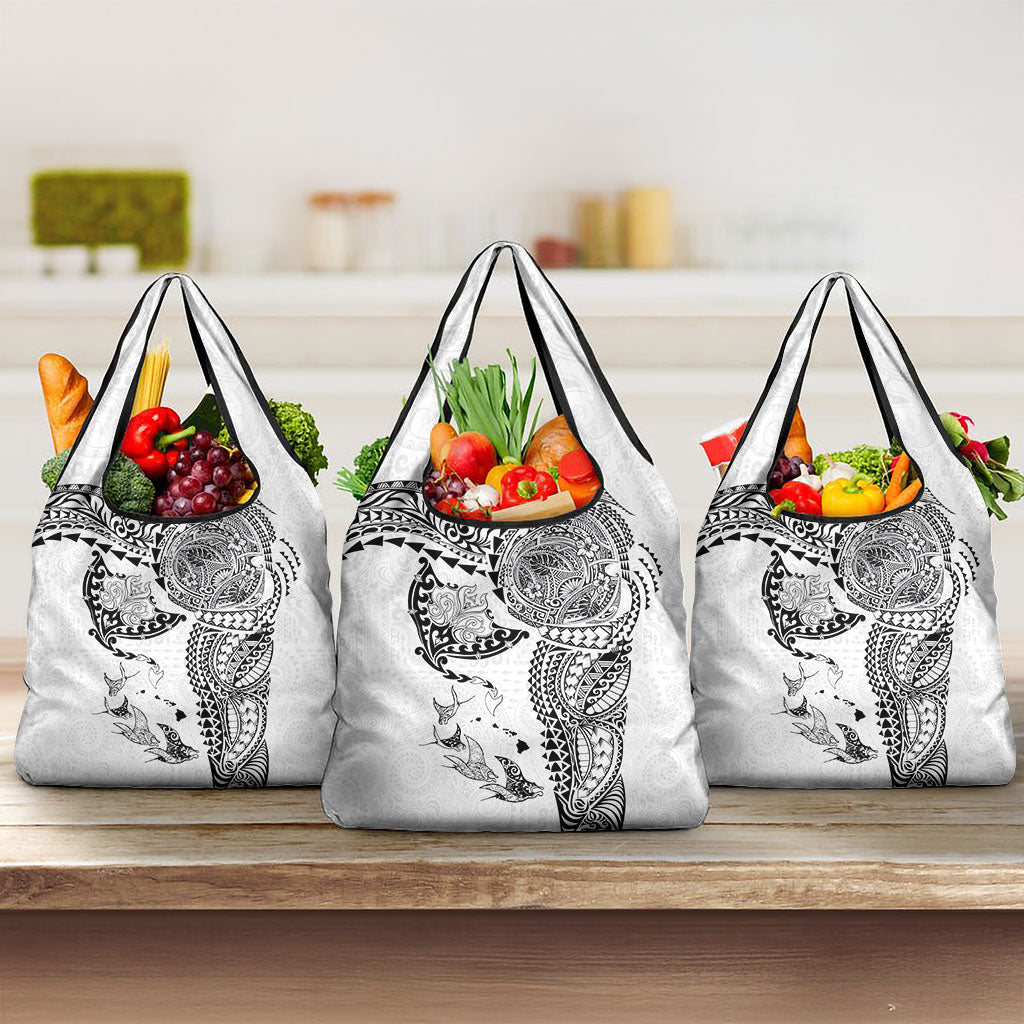 Hawaiian Manta Ray Tribal Grocery Bag Polynesian Art Motifs White Color LT03 3-pack One Size White - Polynesian Pride
